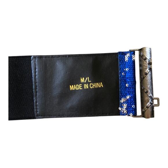 Oker NIP Women’s Blue Silver Sequin Elastic Waistband Rhinestones Buckle Belt - Picture 13 of 16